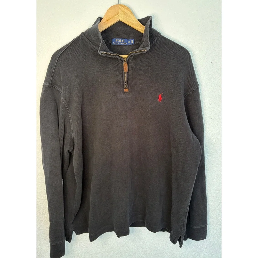 Polo Ralph Lauren Mens XL Black Quarter Zip Pullover Sweatshirt Red Pony Logo